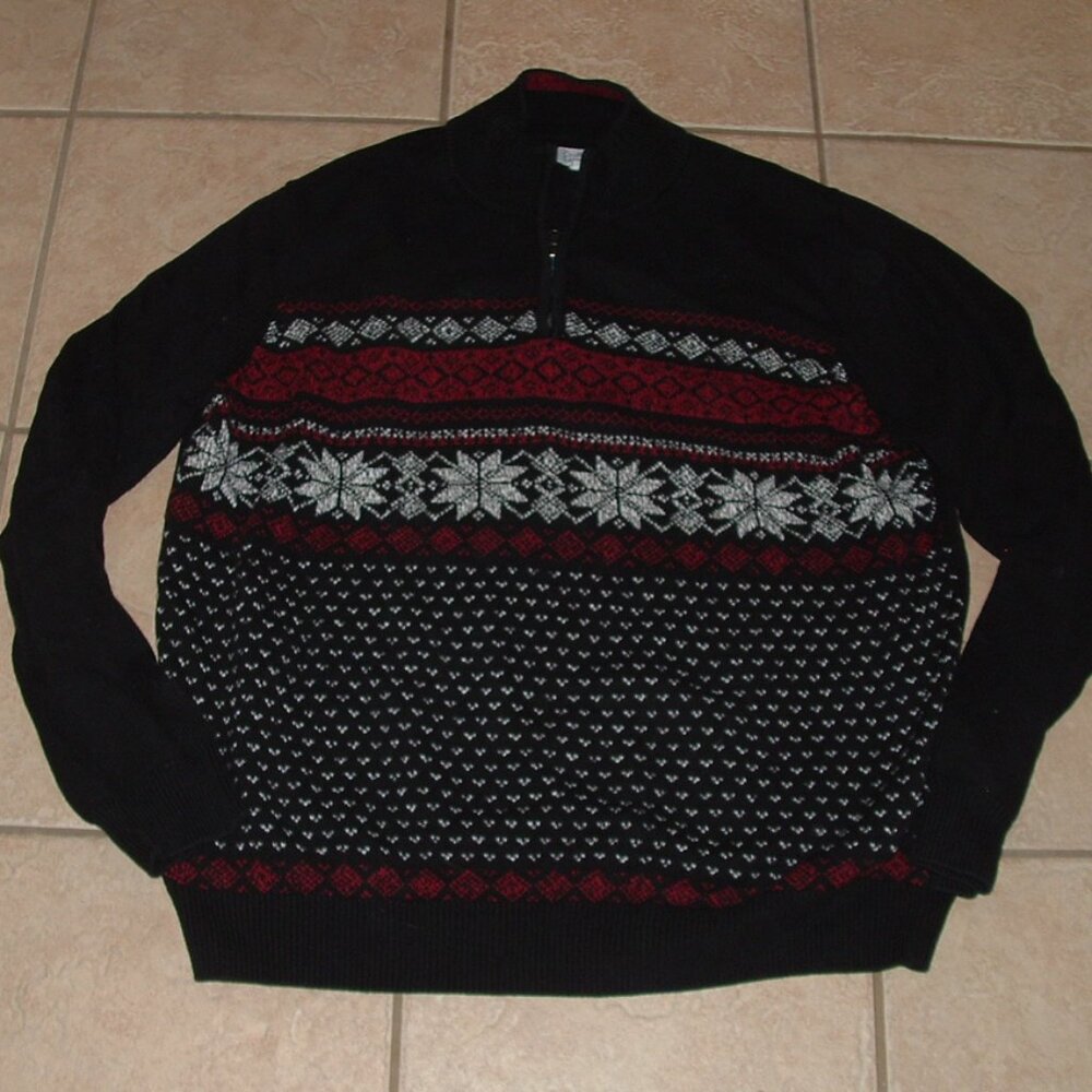 Mens Sz XXL Casual or Dress Black 1/4 Zip Soft Stretchy Cotton Fair Isle Sweater